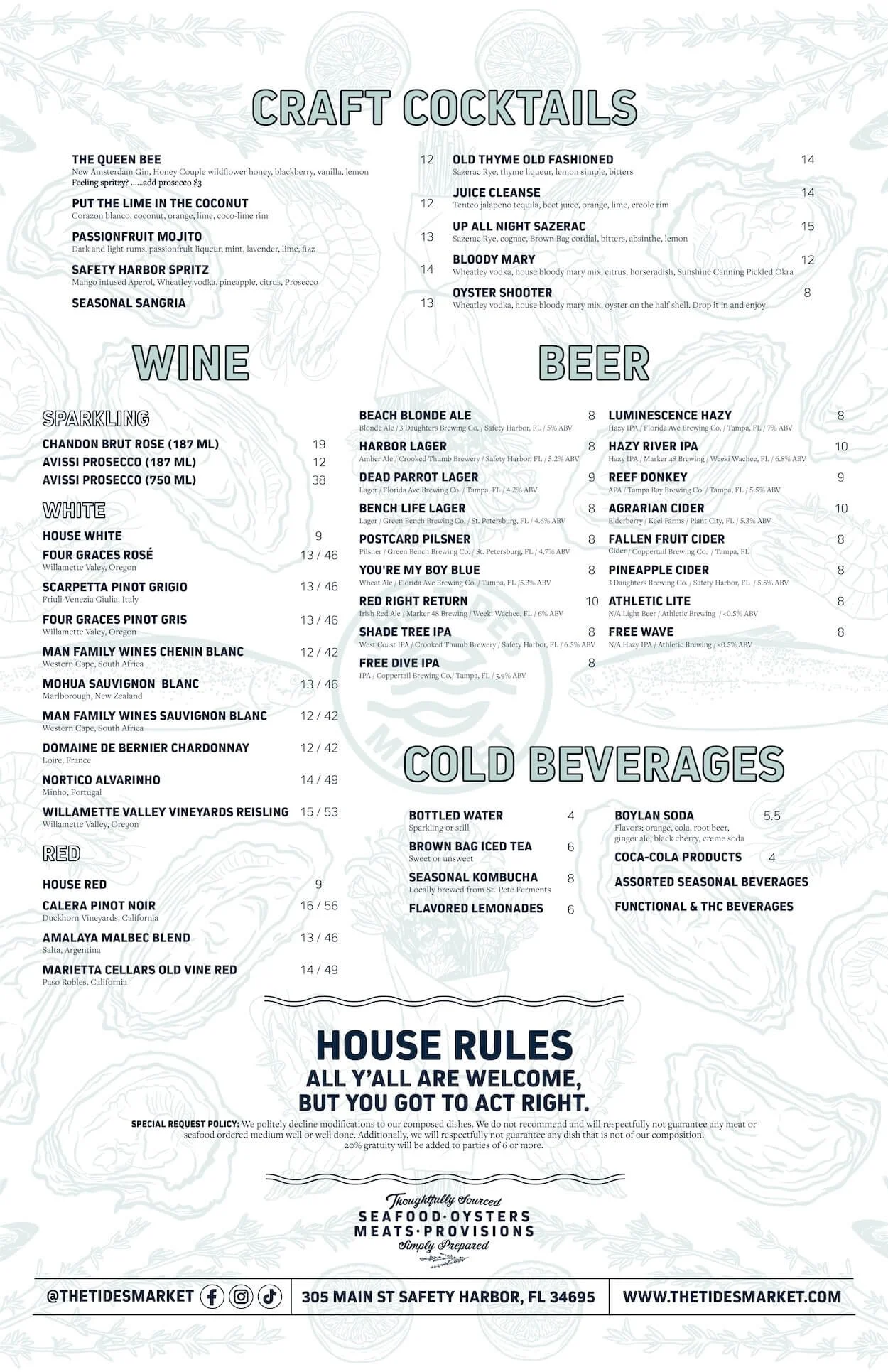 Menu of craft cocktails, wines, beers, and cold beverages from a seafood restaurant, including options like the Queen Bee cocktail, various wines, beer options like Luminescence Hazy and Hazy River IPA, and bottled water.