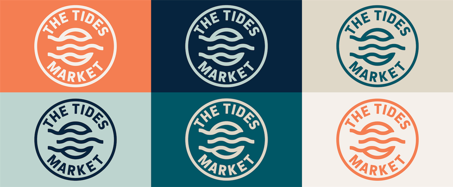 A collage of six circular logo designs for 'The Tides Market,' each featuring waves and text, with different background and wave colors.