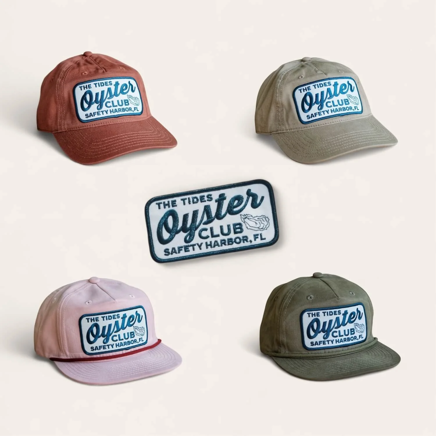 Collection of five baseball caps with patches, featuring
