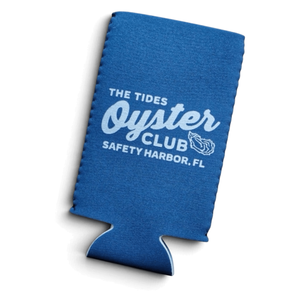 Blue foam drink holder with white text that reads "The Tides Oyster Club, Safety Harbor, FL" and a small oyster shell illustration.