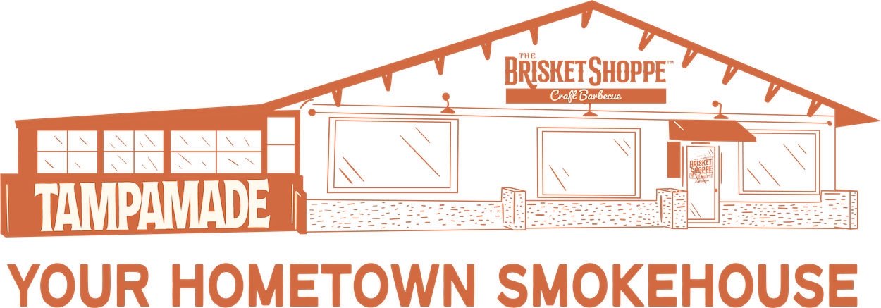 Logo for TampaMade featuring a sketch of The Brisket Shoppe smokehouse, with the text 'Your Hometown Smokehouse' below.