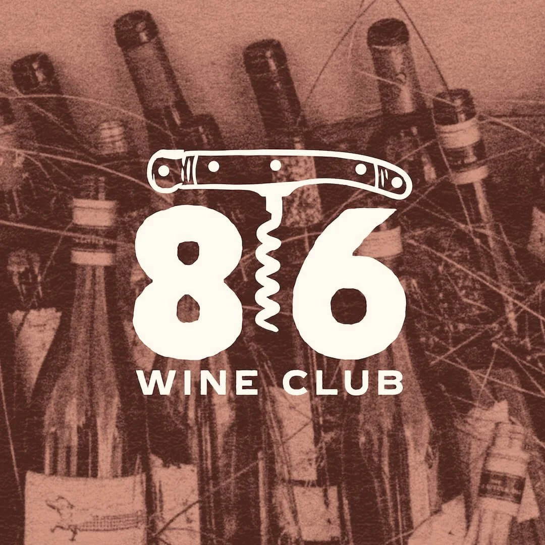 Logo of 86 Wine Club featuring a corkscrew integrated with the numbers 8 and 6, over a background of wine bottles and corks.