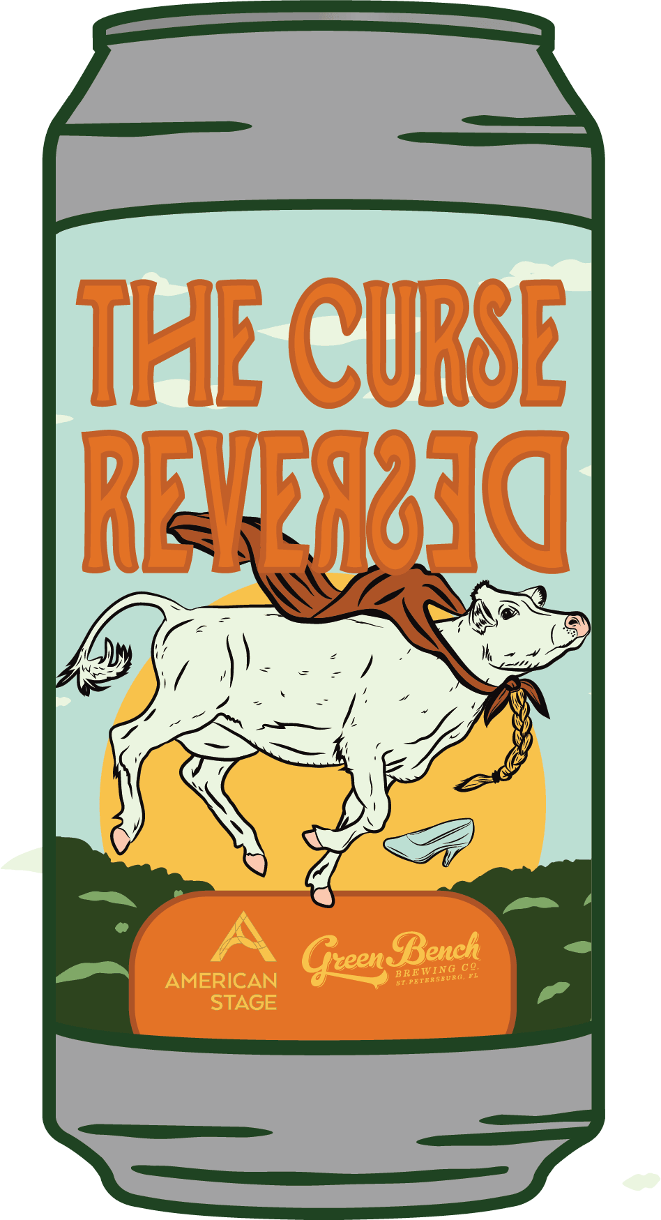 A beverage can with the label "The Curse Deer" featuring a white deer with a brown scarf around its neck standing on green grass with a yellow sun in the background. The bottom of the can displays the logos for American Stage and Green Bench Brewing Co.