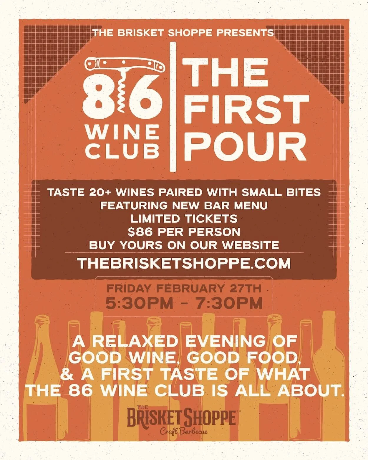 Event flyer for the 86 Wine Club at The Brisket Shoppe, featuring tasting of 20+ wines paired with small bites, on Friday, February 27th from 5:30 PM to 7:30 PM. Includes event details, website, and promotional graphics.