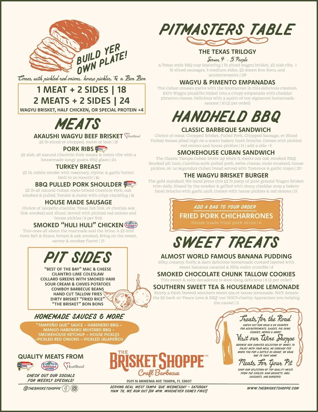 Menu from The Brisket Shoppe featuring Texas-style barbecue options, meats, pit sides, sweet treats, and an option to build your own plate with fall under the 'Pitmaster's Table' section.