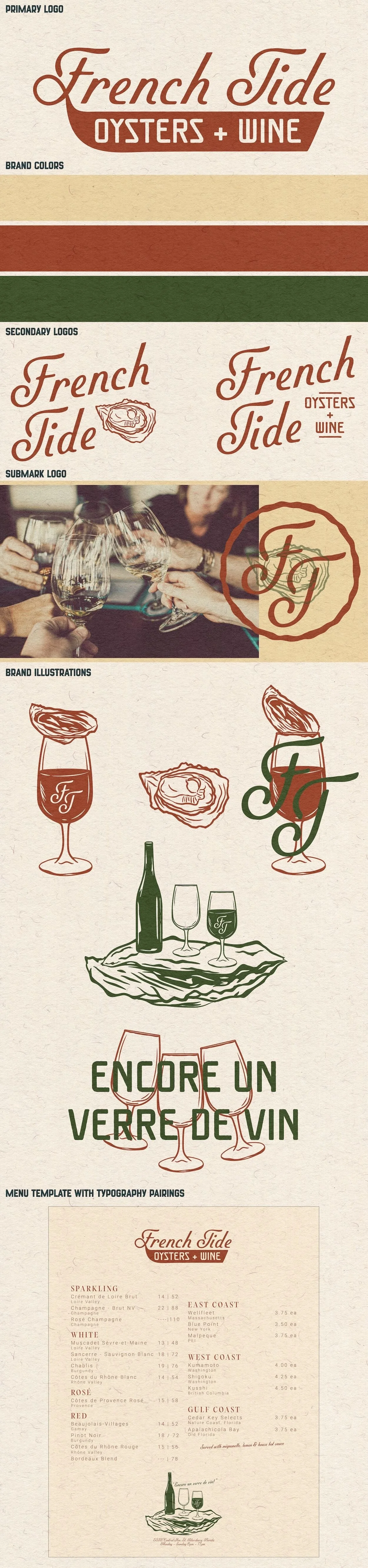 Custom designed and hand drawn primary logos, secondary logos, brand illustrations, brand colors, and custom menu template for French Tide Wine Bar.