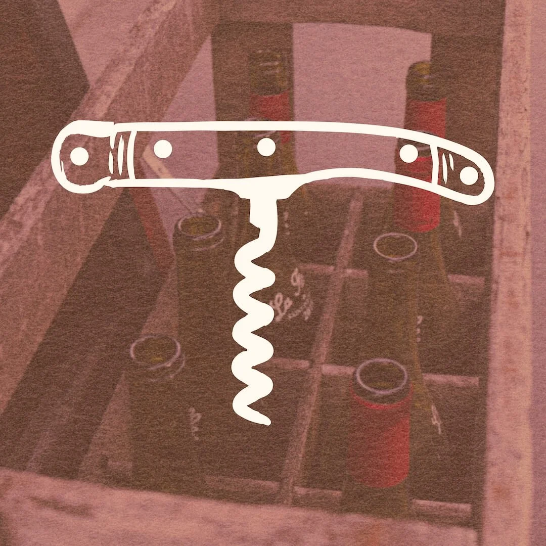 A corkscrew illustration overlaying a blurry image of beer bottles in a cardboard carton.