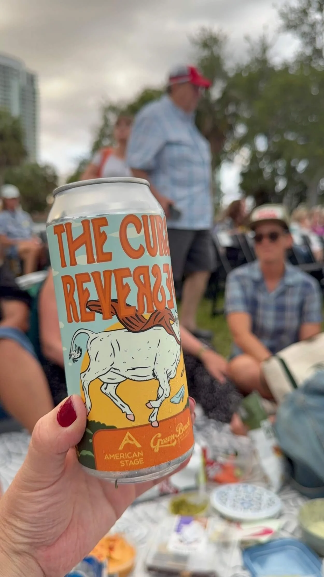 A can of beer held by a person with a red manicure at an outdoor gathering with several people sitting on the grass in the background.