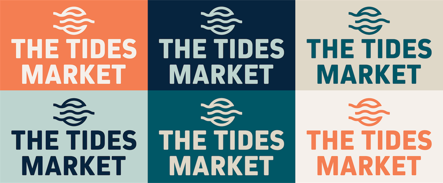 Six different colored squares, each with a logo of waves and the text "The Tides Market" in various font sizes and colors.