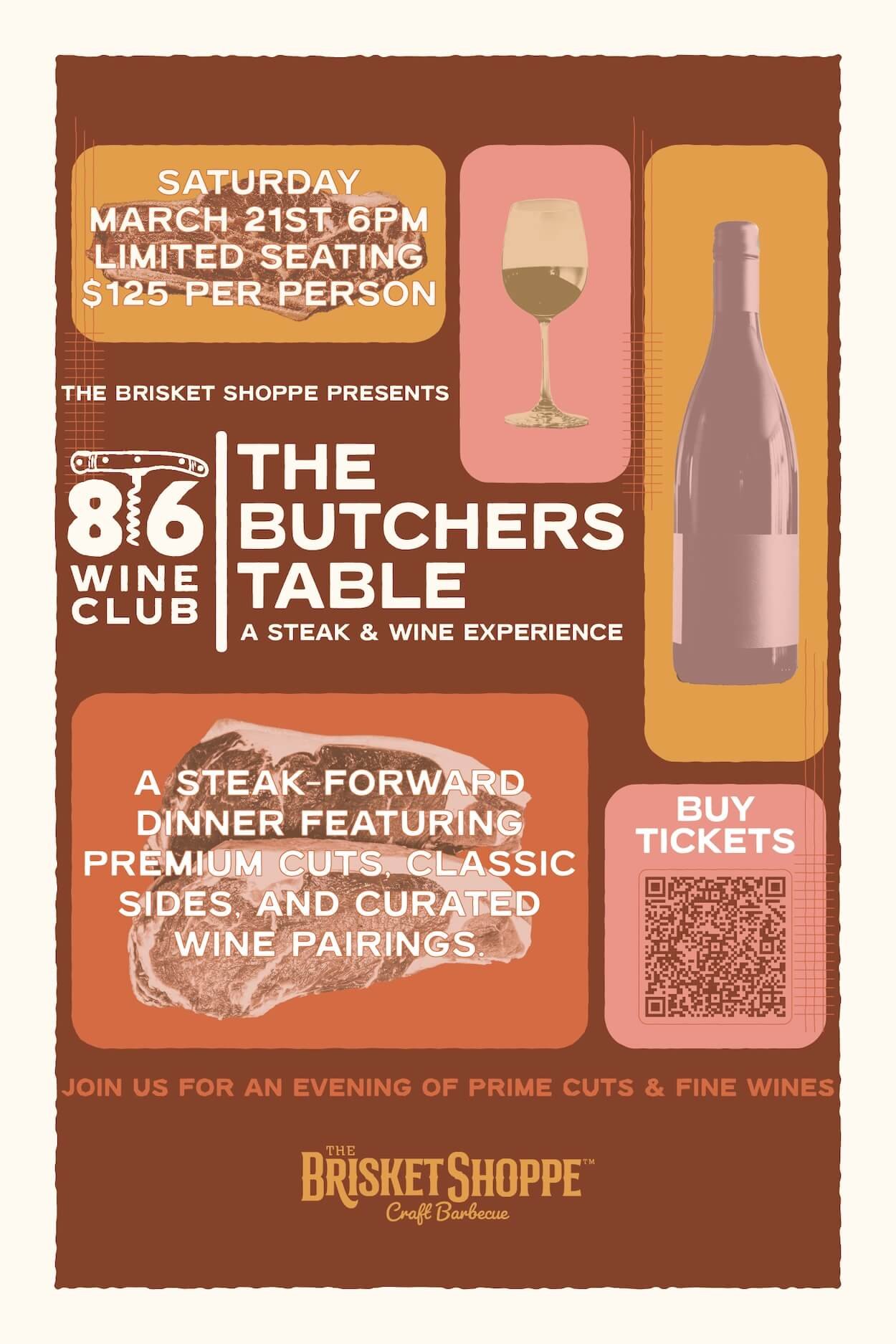 Event poster advertising an evening of prime steak cuts and curated wine pairings at The Brisket Shoppe on Saturday, March 21st at 6 PM, with limited seating and a fee of $125 per person.