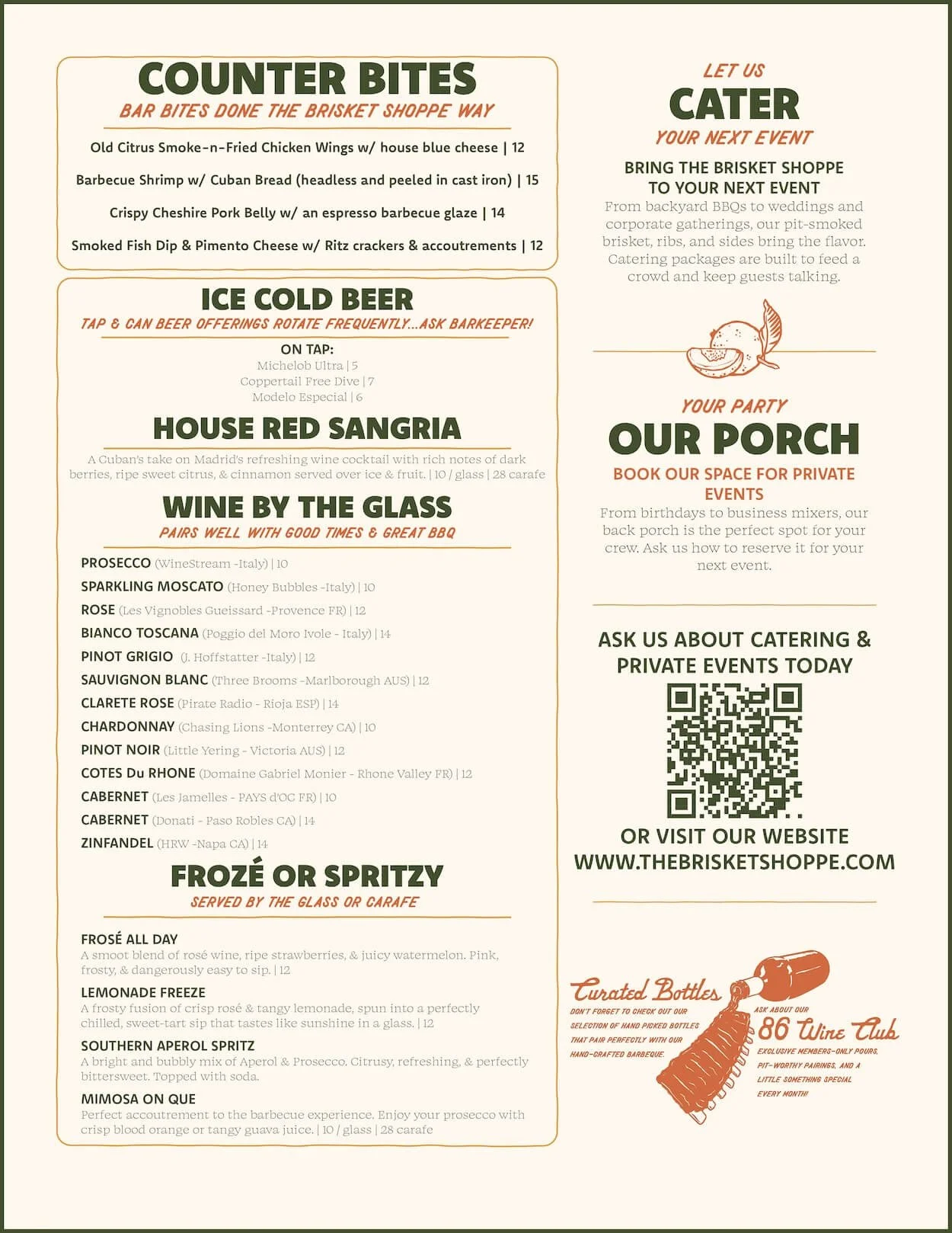 Menu for The Brisket Shoppe featuring bar bites, ice cold beer, house red sangria, wine by the glass, frozen and spritzy drinks, and catering services for private events. Includes QR code and website URL.