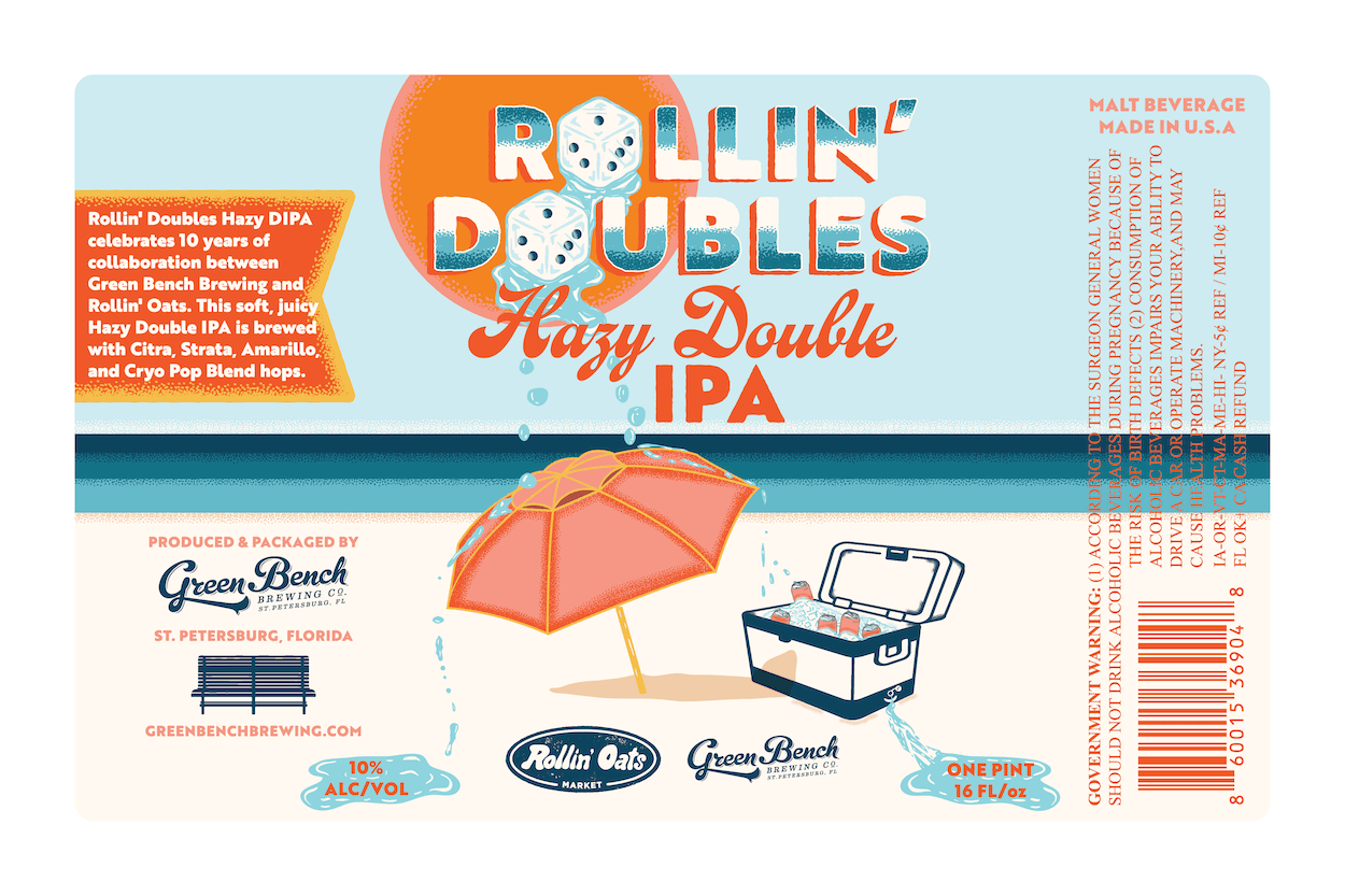 A craft beer label titled "Rollin' Dubbles Hazy Double IPA" featuring a sun, a beach umbrella, and a cooler with drinks, with details about the brewing process, alcohol content, and volume.