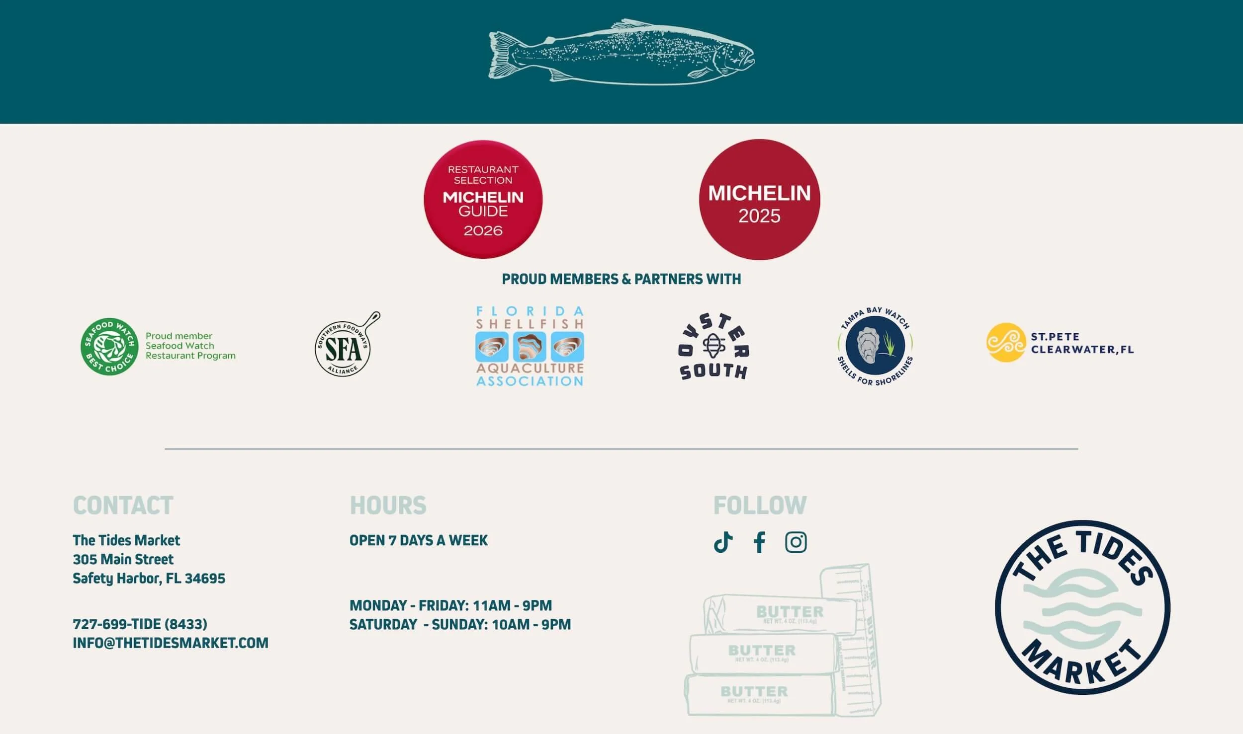 A section of a website homepage for a seafood market, featuring logos of various seafood organizations, the market's contact information, hours, and social media links, with a blue fish illustration at the top.