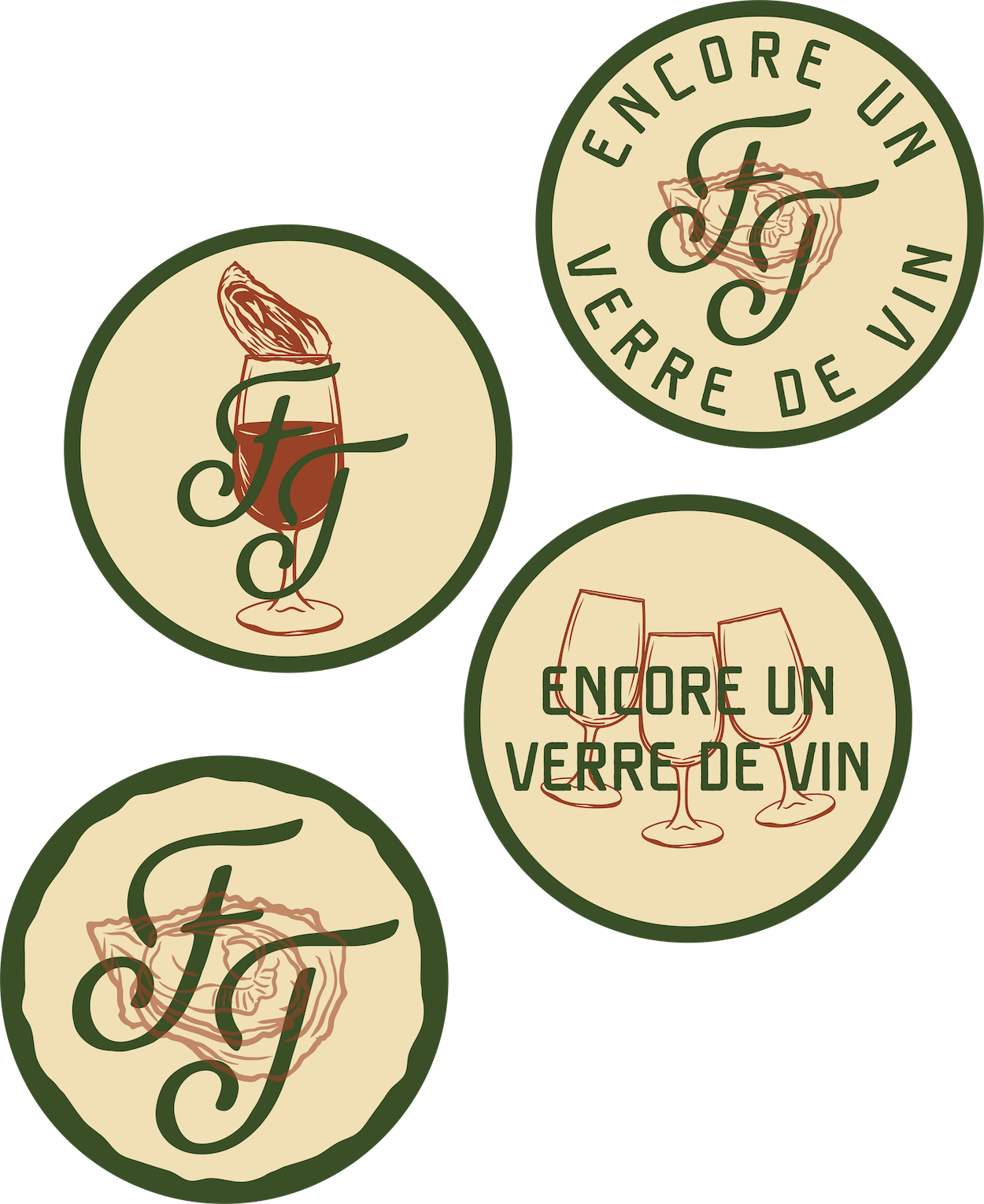 Four wine-themed pins with French phrases and images of wine glasses, grapes, and wine bottles.