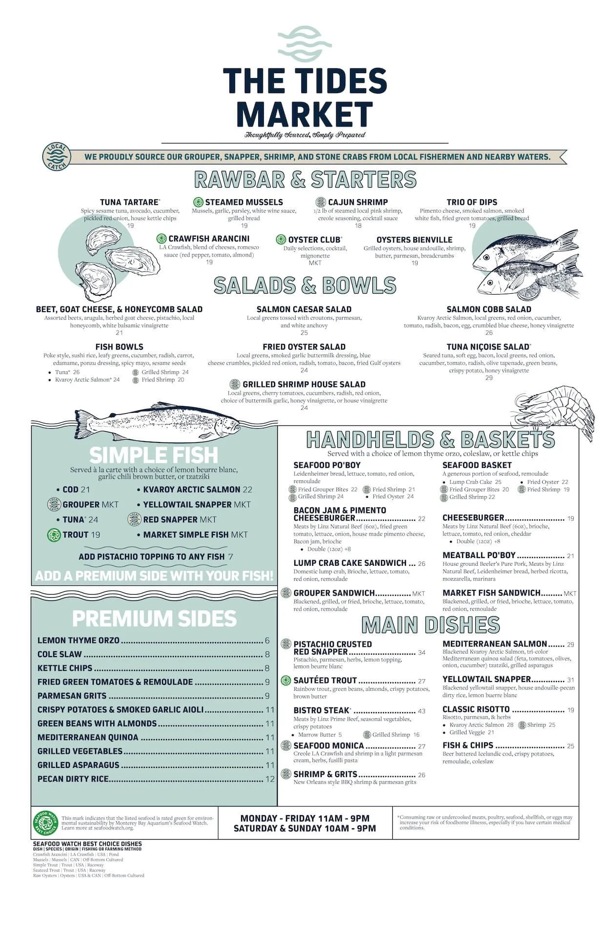 Menu from The Tides Market featuring rawbar, salads, bowls, main dishes, and sides with seafood options and beverages.