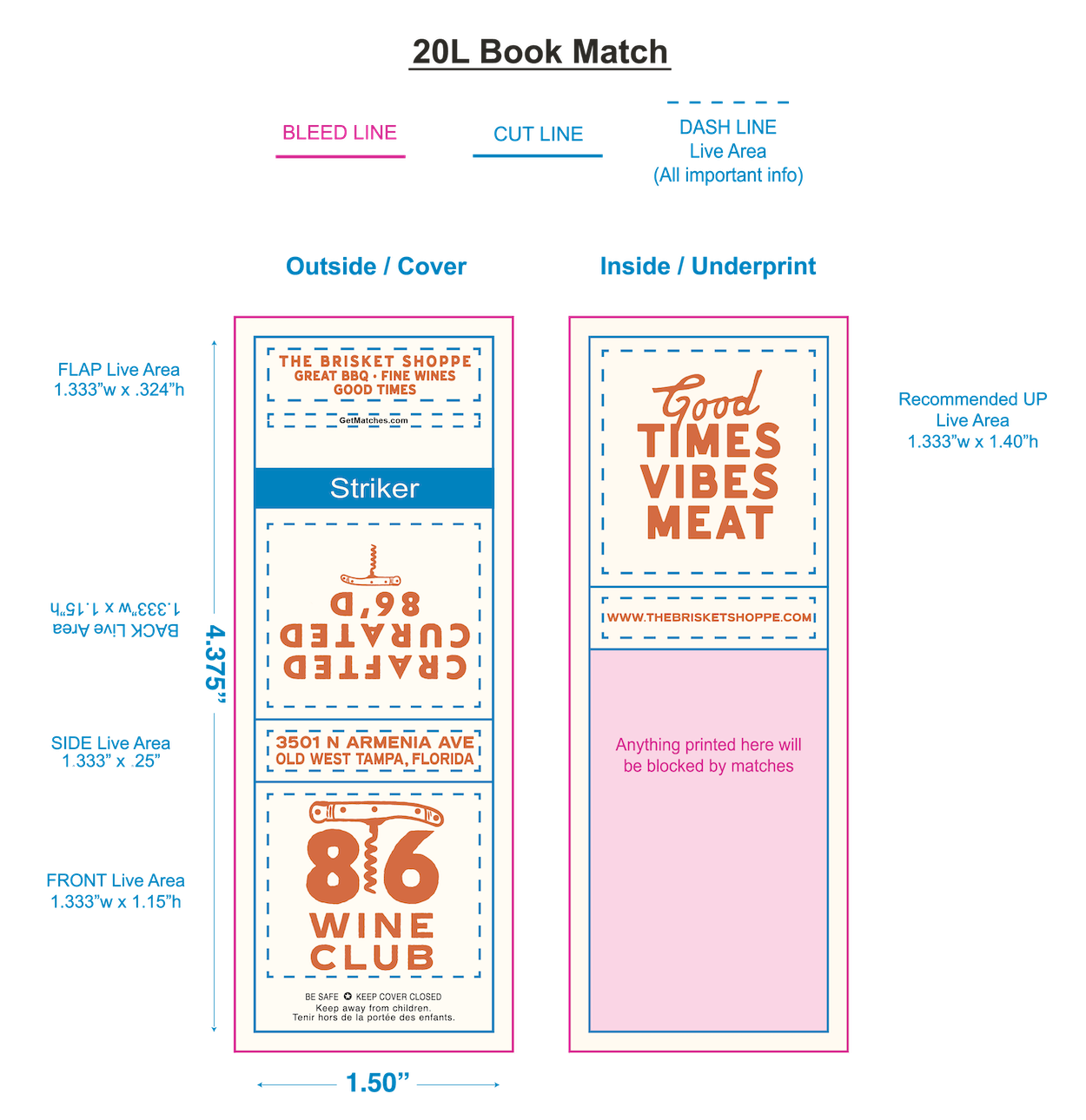 Design template for a 20-liter book match with sections marked for outside cover, inside/underprint, bleed line, cut line, and dash line live area. The outside cover features a burger restaurant name, slogans, and contact info, while the inside has branding and a note about blackout printed areas.