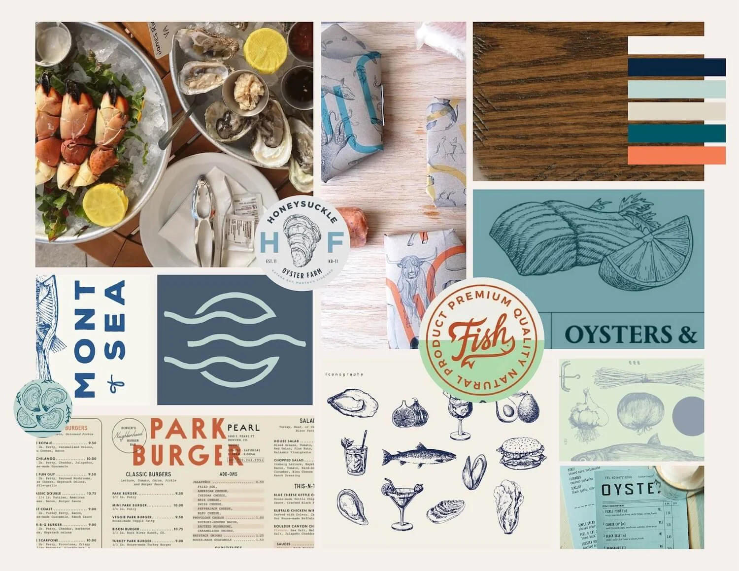 Collage of seafood-themed items and graphics, including a seafood platter with oysters and lemon slices, a wooden table with napkins decorated with ocean and fish illustrations, color swatches, doodles of seafood and drinks, a fish logo, and a menu for a seafood restaurant.