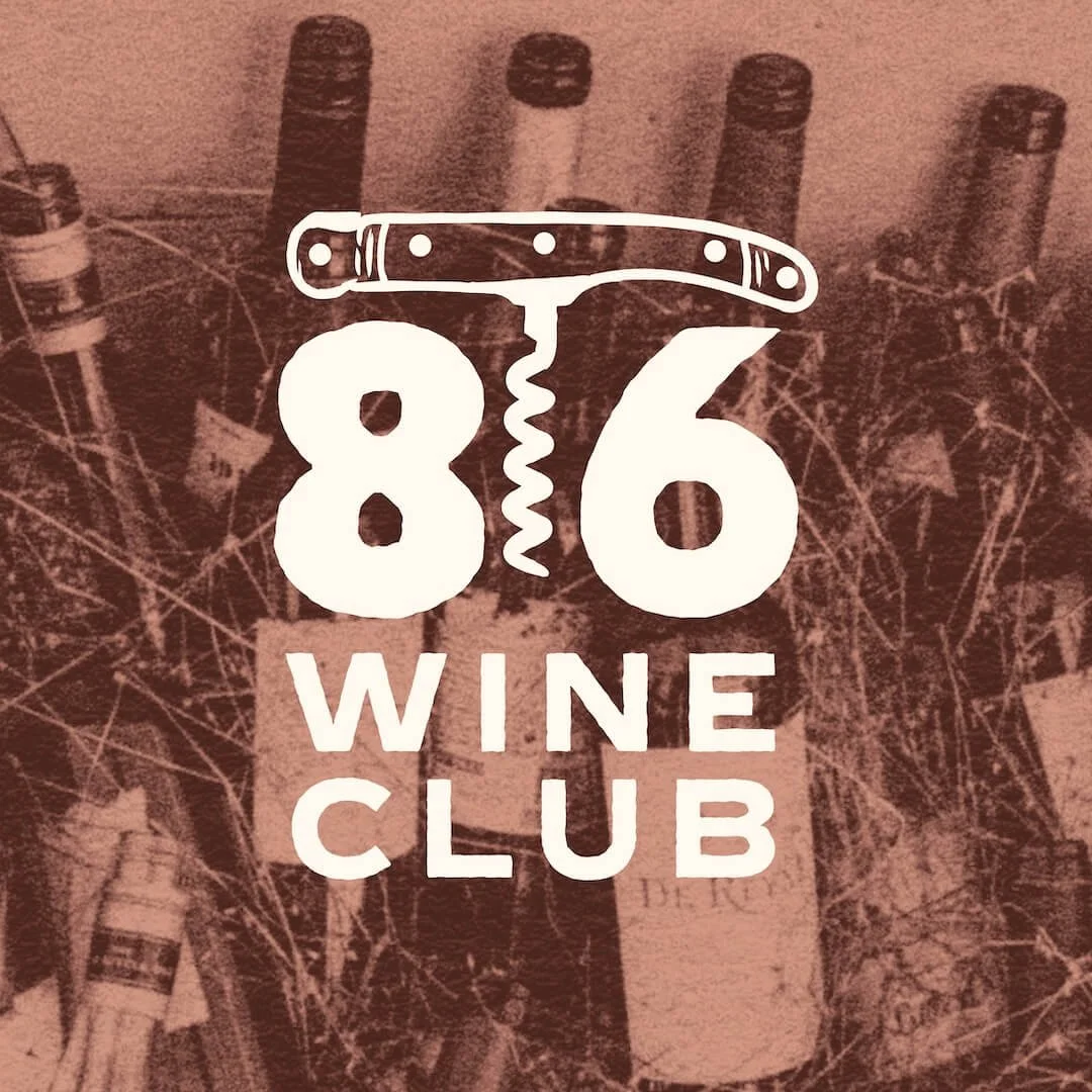 Logo for 86 Wine Club with a background of wine bottles and glasses.