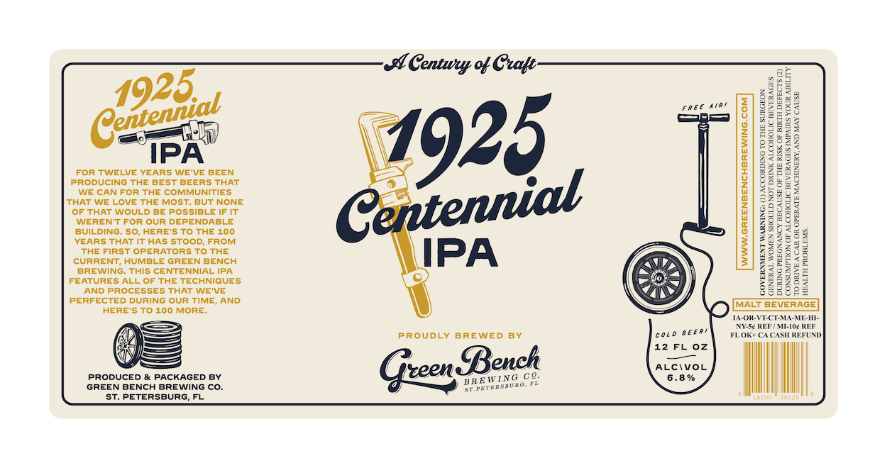 Label for Green Bench Brewing Co.'s 1925 Centennial IPA featuring vintage-style graphics, a beer can, and equipment illustration, with beer details and brewing information.