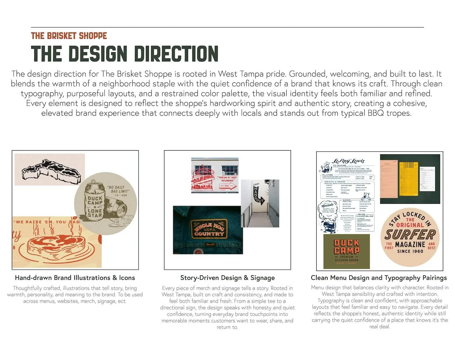 Page from a branding guide for The Brisket Shoppe featuring three sections: hand-drawn brand illustrations and icons, story-driven design and signage, and clean menu design and typography pairings. Each section includes images and descriptive text about the brand's visual identity, shop environment, and menu presentation.