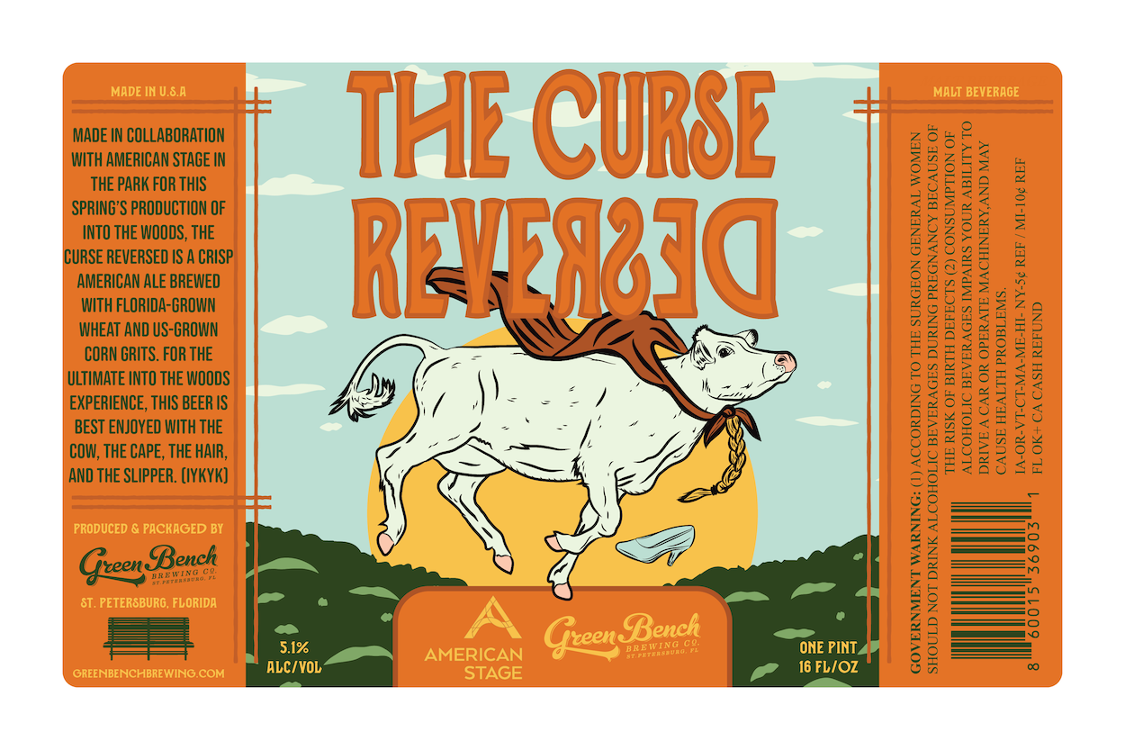 Label for Green Bench Brewing Co.'s The Curse Reversed beer featuring a cartoon cow with a horse mane in front of a sunset and hills, with orange and green color scheme and product details.