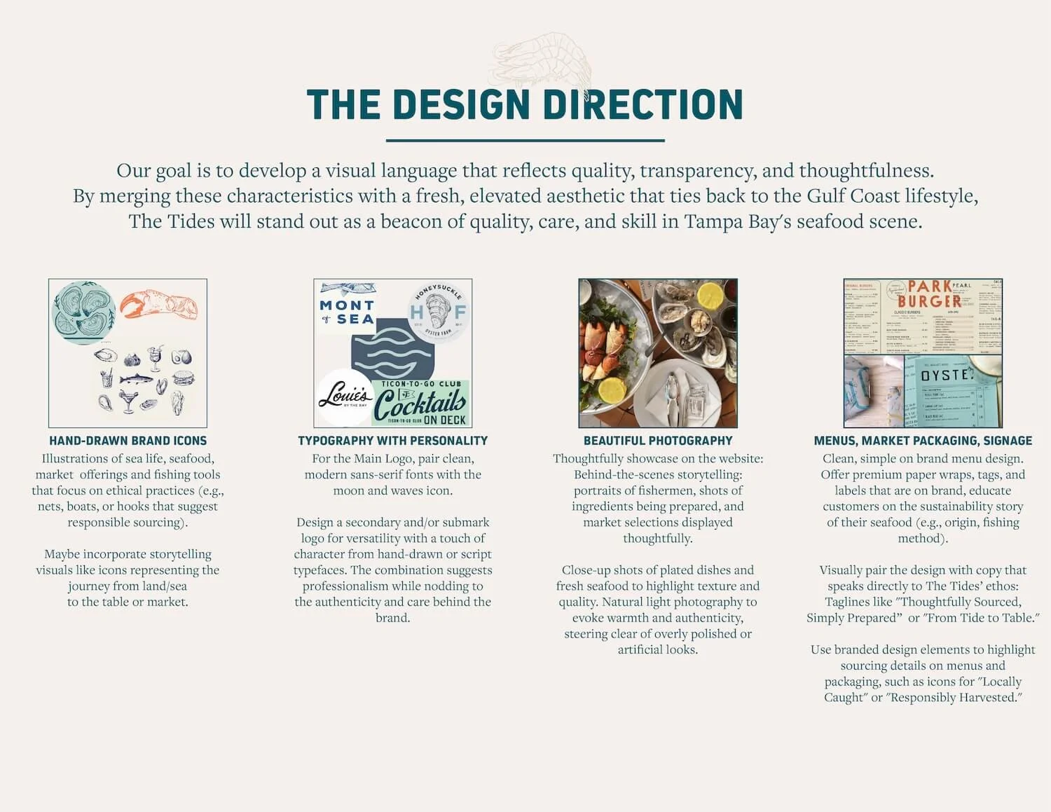 A webpage titled 'The Design Direction' outlining four branding and design strategies: hand-drawn icons of sea life, seashells, fish, and fishing tools; typography with personality featuring a logo design with wave motifs; photographs of seafood dishes showcasing behind-the-scenes storytelling; and menu and packaging designs with clean brand menus and sustainable labels.