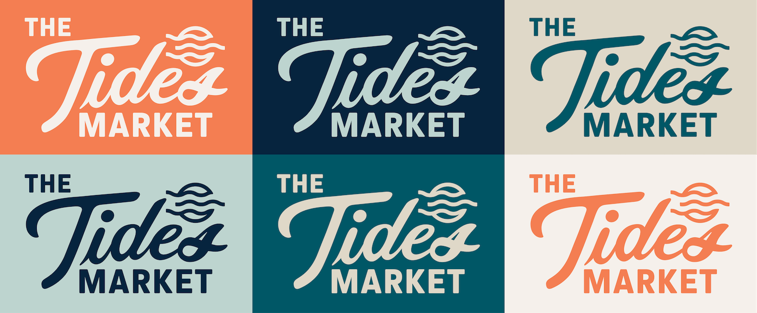 Multiple variations of a logo for The Tide's Market, featuring the text with a wave design above it, in different color schemes and backgrounds.