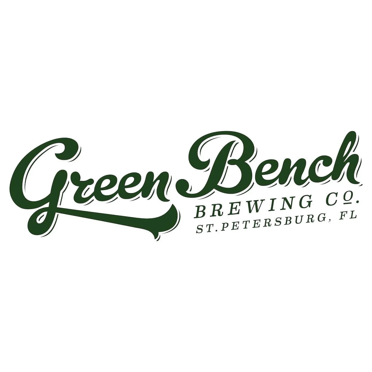 Green Bench Brewing Co. logo with the text Green Bench in large cursive font and Brewing Co. below in smaller font, located in St. Petersburg, Florida.