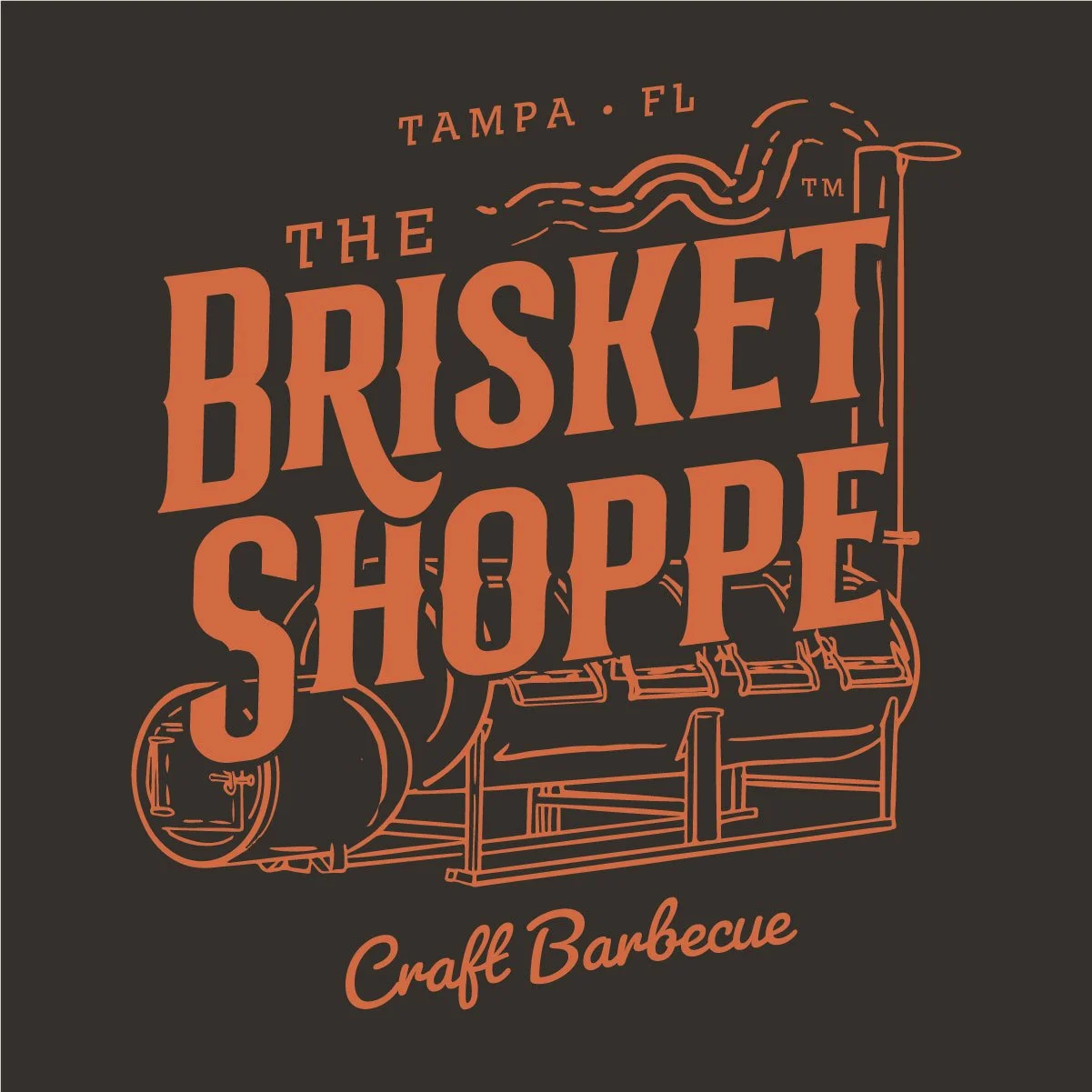 Logo for The Brisket Shoppie, a craft barbecue restaurant in Tampa, Florida. The logo features a barbecue smoker illustration with the name and location.