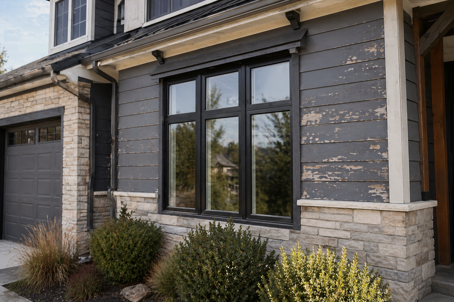 Close view of residential exterior siding with peeling paint near window trim, showing surface wear on a Colorado home before repainting.