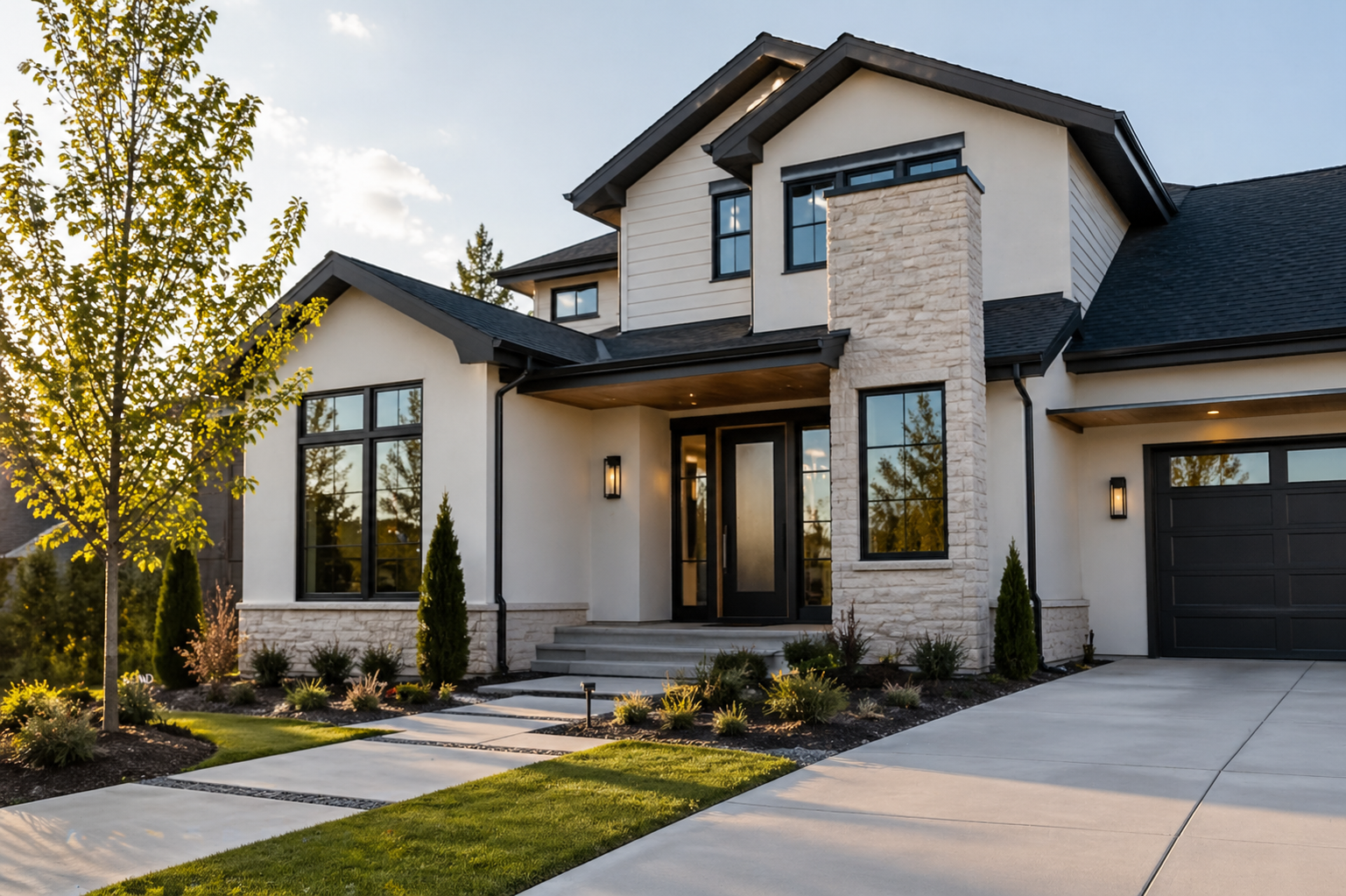 Luxury custom home exterior painting project featuring smooth modern stucco finishes, natural stone accents, black architectural trim, and high-end contemporary detailing. Professional exterior painting and fine finish services for custom homes, luxu