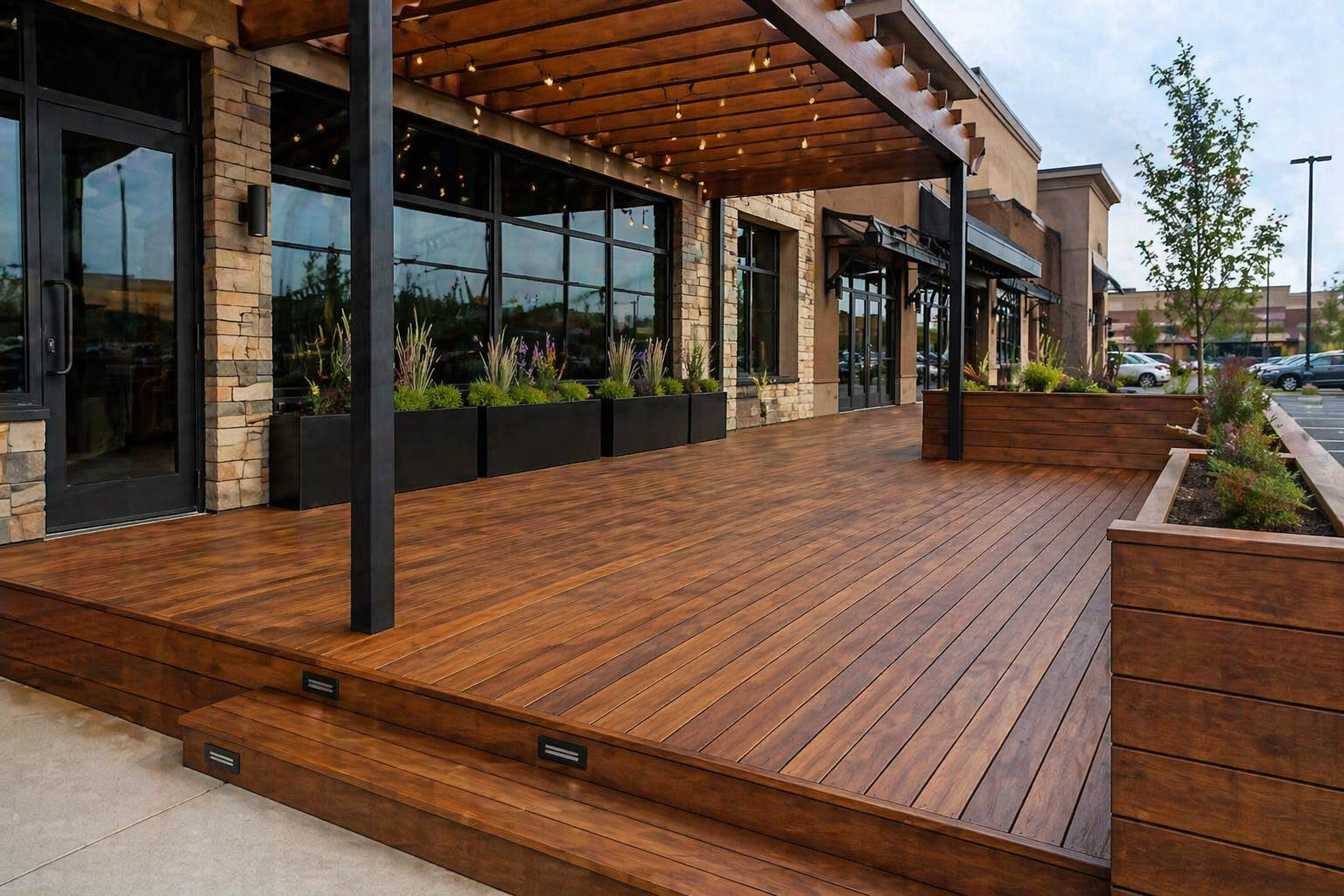Exterior view of a commercial building with a wooden deck, black planters with plants, and glass windows. Parking lot with cars is visible in the background.