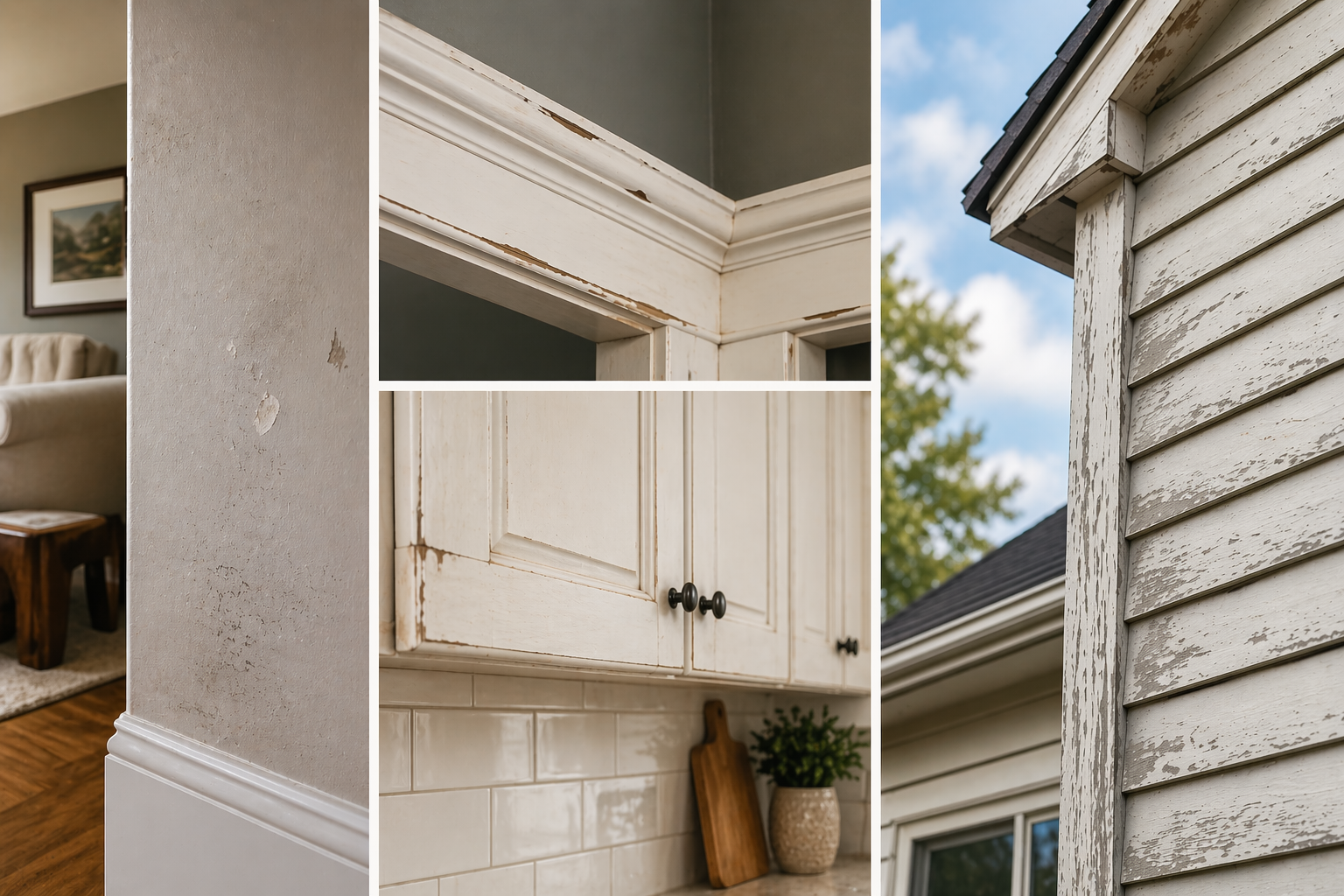Interior and exterior surfaces showing peeling paint, cabinet wear, and weathered siding before painting