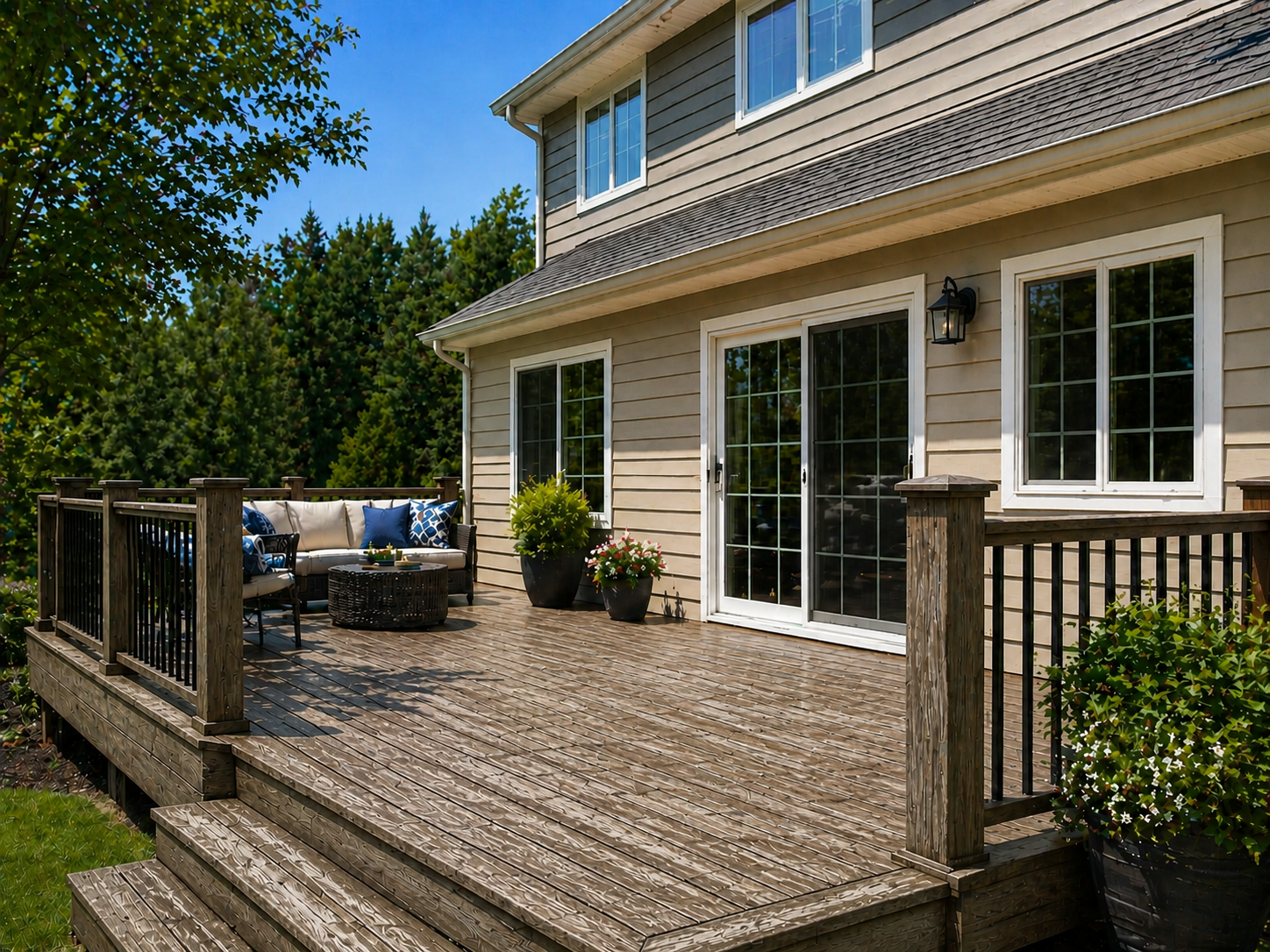 Worn wood deck with faded stain and dry, weathered surface in Granby, Colorado mountain home