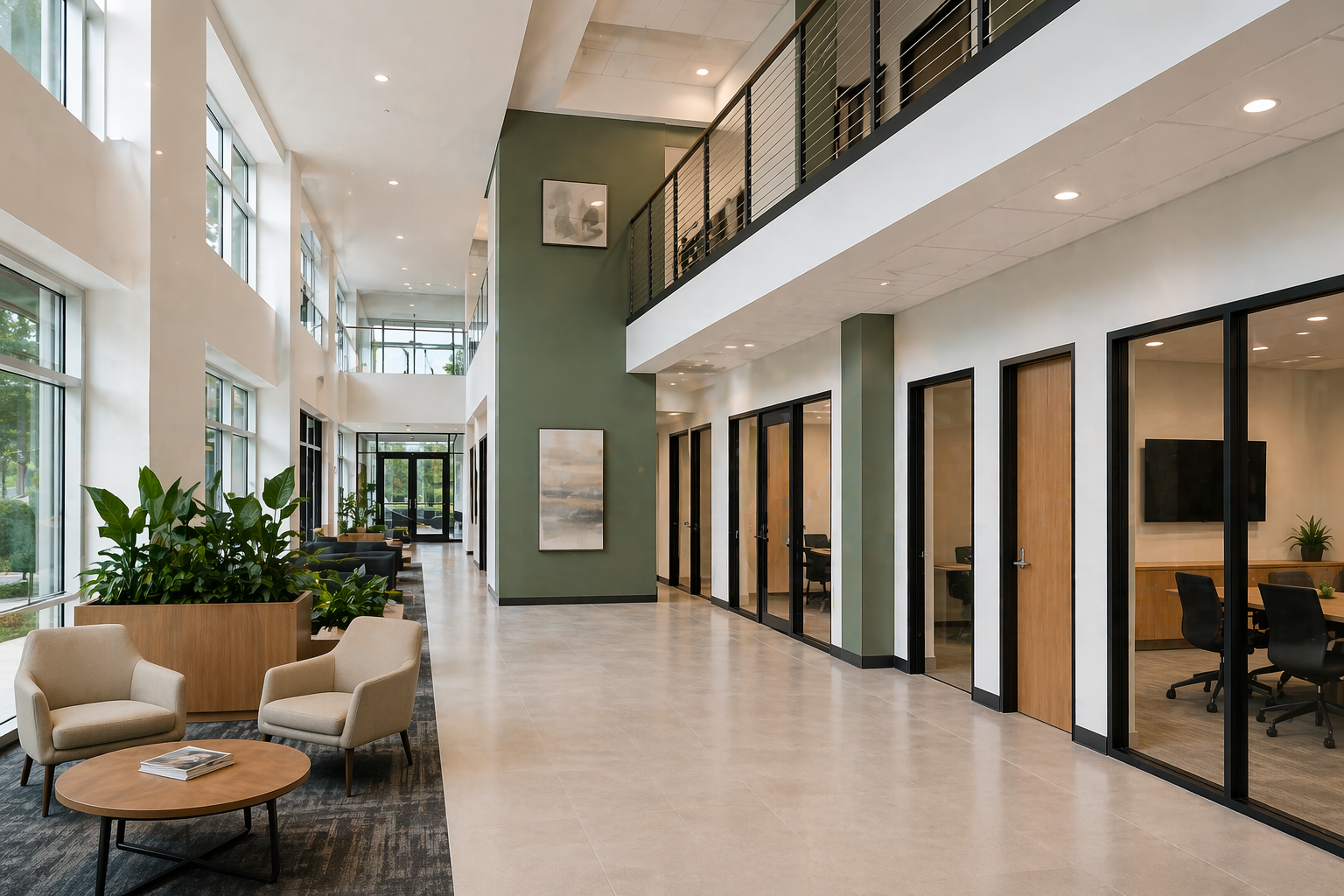 Multi-space commercial painting project showing finished office interiors, painted walls, multiple work areas, and coordinated commercial building layout