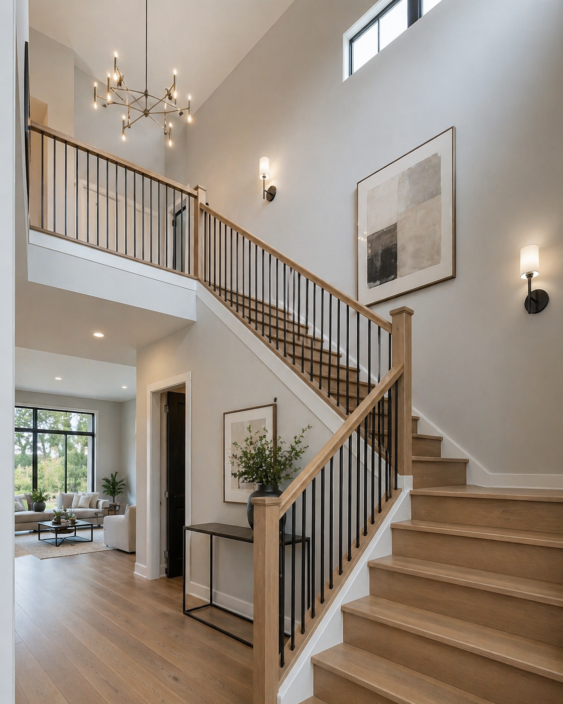 Interior view of a modern, two-story home with a staircase, wooden flooring, and contemporary lighting fixtures.