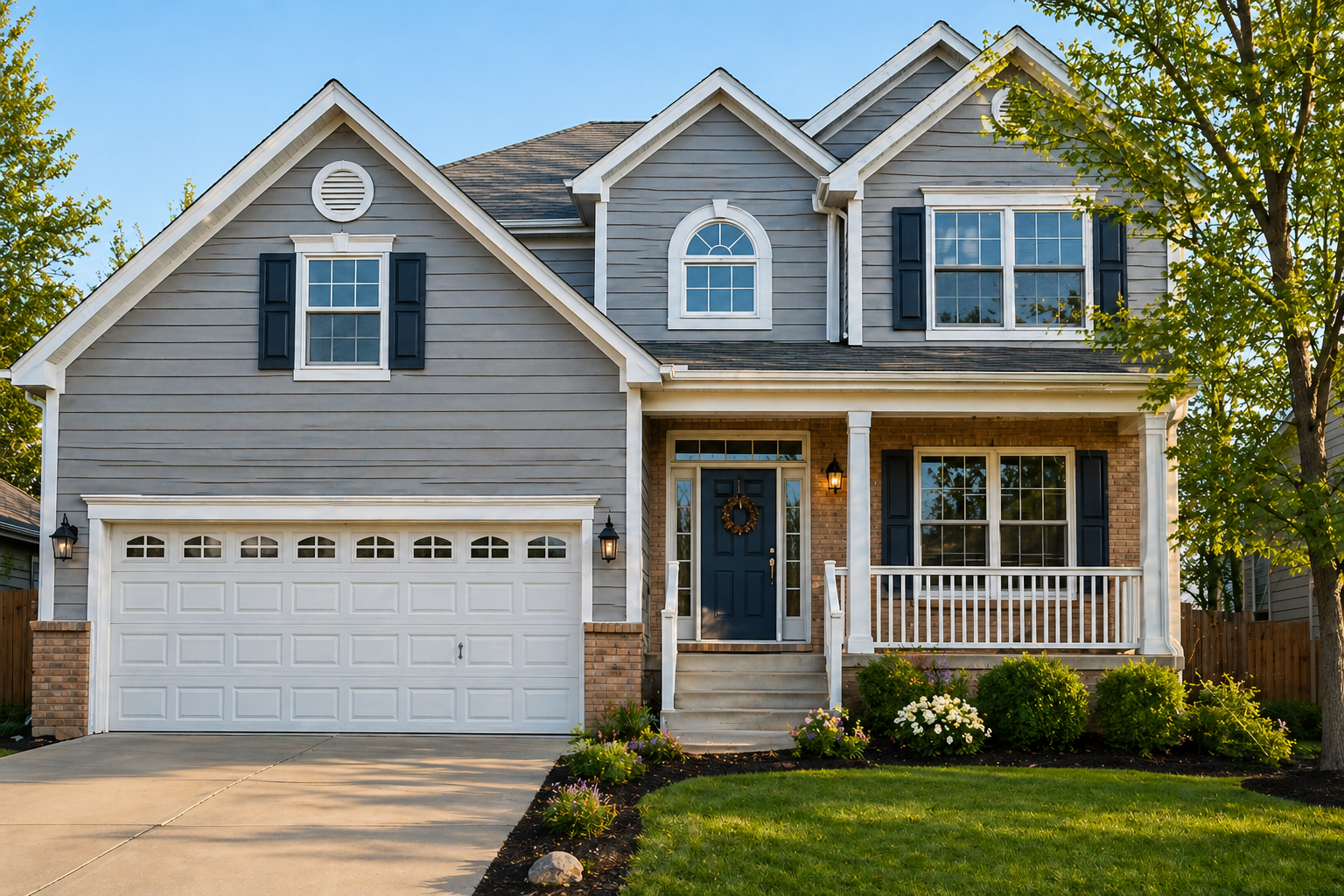 After photo of a freshly painted two-story home with updated gray siding, white trim, and improved curb appeal in Broomfield, Colorado