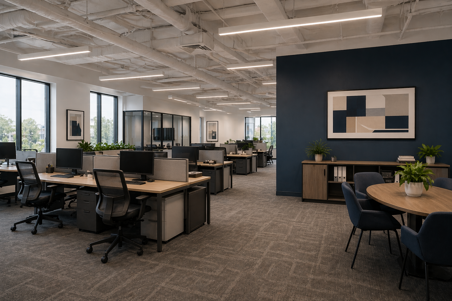 Interior commercial painting example of a professionally finished office interior with painted walls, conference areas, and active workspace design for Colorado commercial properties