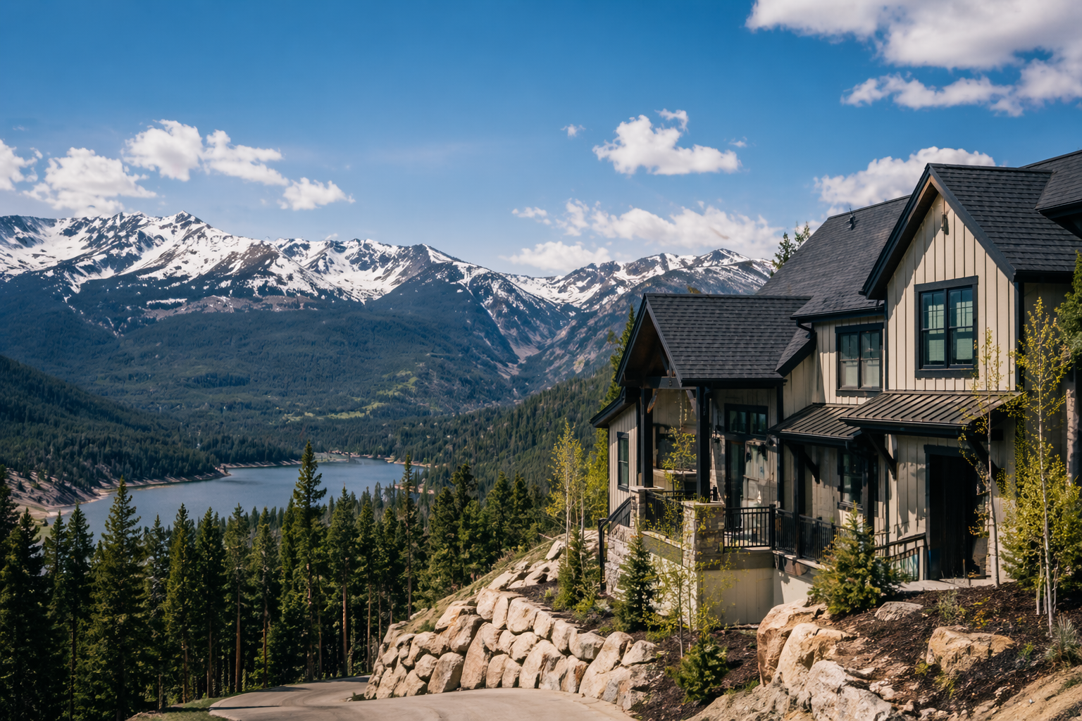 Custom mountain home exterior in Colorado with painted siding, alpine lake view, and snow-covered mountain backdrop