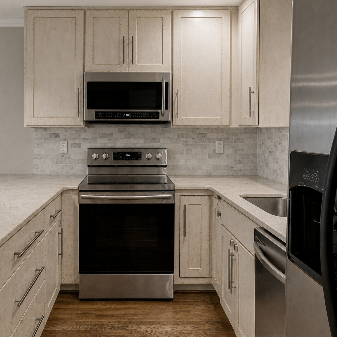 Outdated kitchen cabinets with worn finish and darker tones prior to cabinet painting in Fort Collins, Colorado