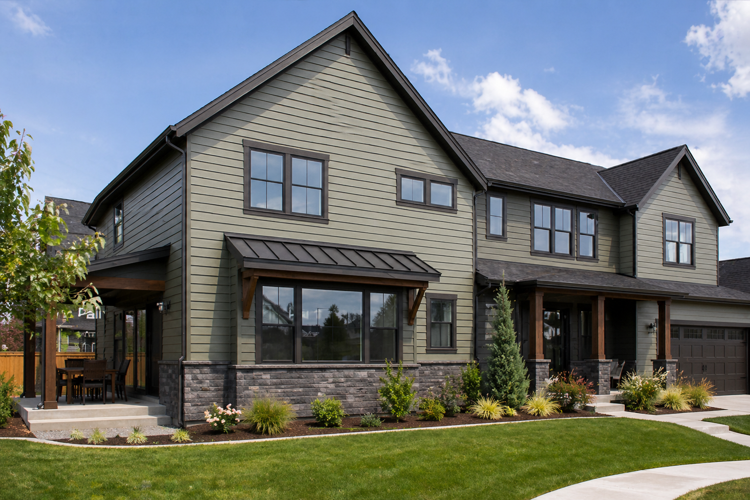 Residential exterior painting project featuring updated olive green siding, dark trim accents, covered outdoor living space, and modern craftsman-style architectural detailing. Professional exterior painting and siding finishing services for custom h