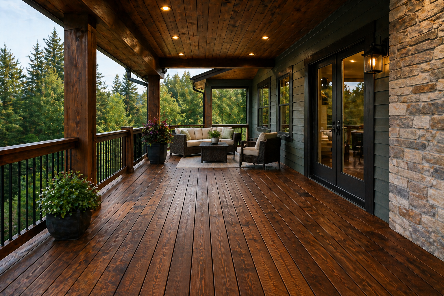 Covered residential deck with dark stained wood flooring, stained ceiling and beams, black railings, stone column detail, and outdoor seating overlooking trees.