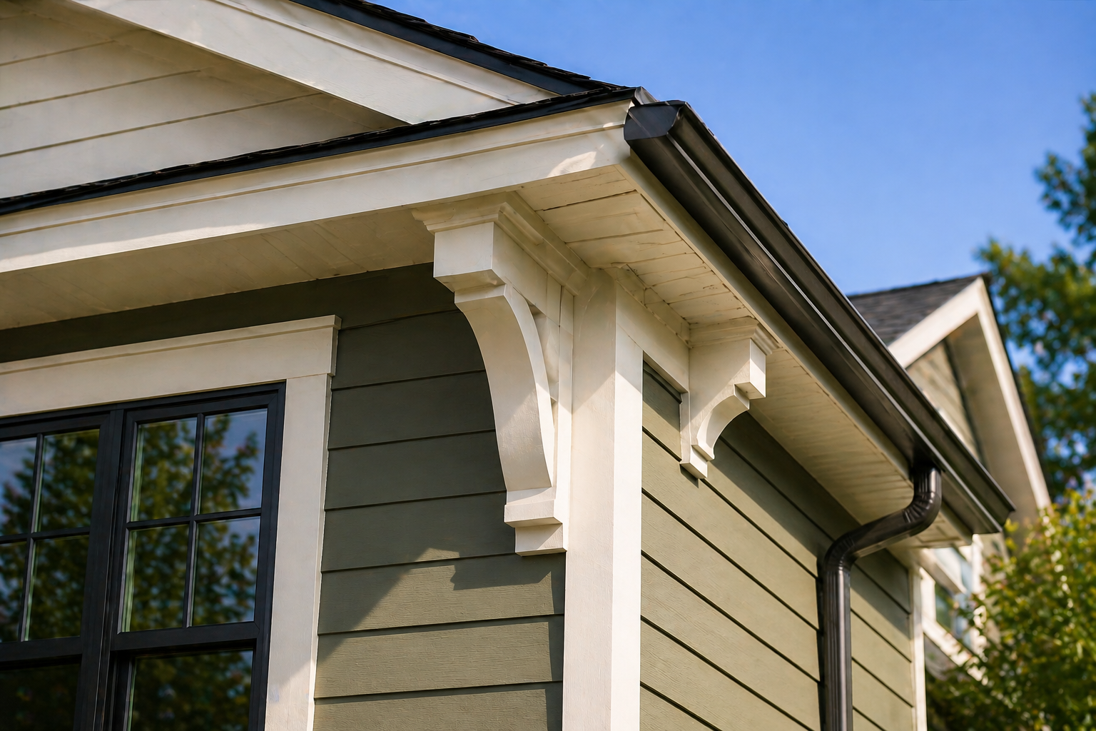 Close-up of residential exterior trim with white fascia, soffit, decorative brackets, olive-green siding, black gutter, and roofline detail in daylight.
