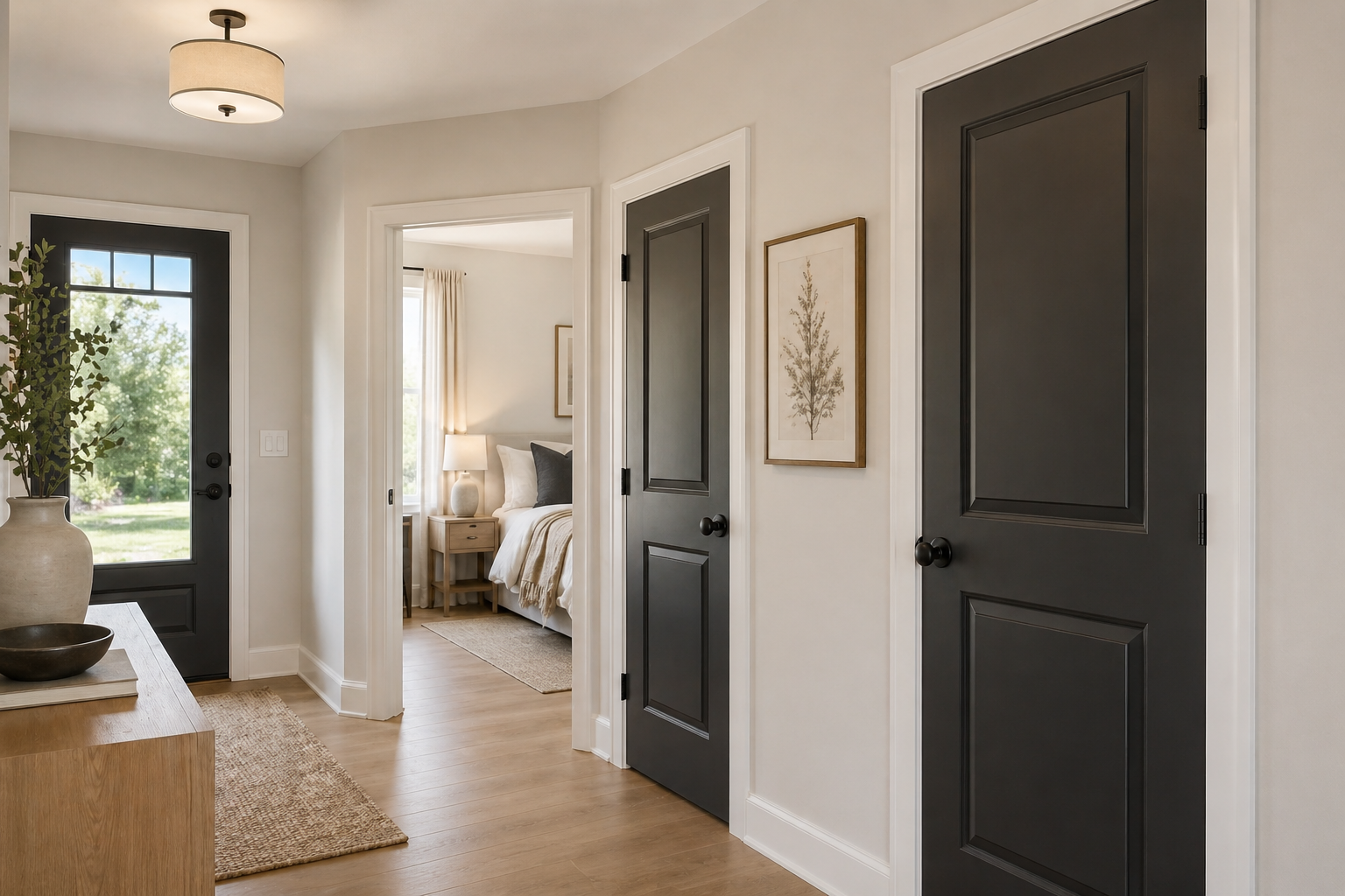 Modern hallway with professionally painted interior doors in a dark finish, contrasting with light walls and trim in a residential home.
