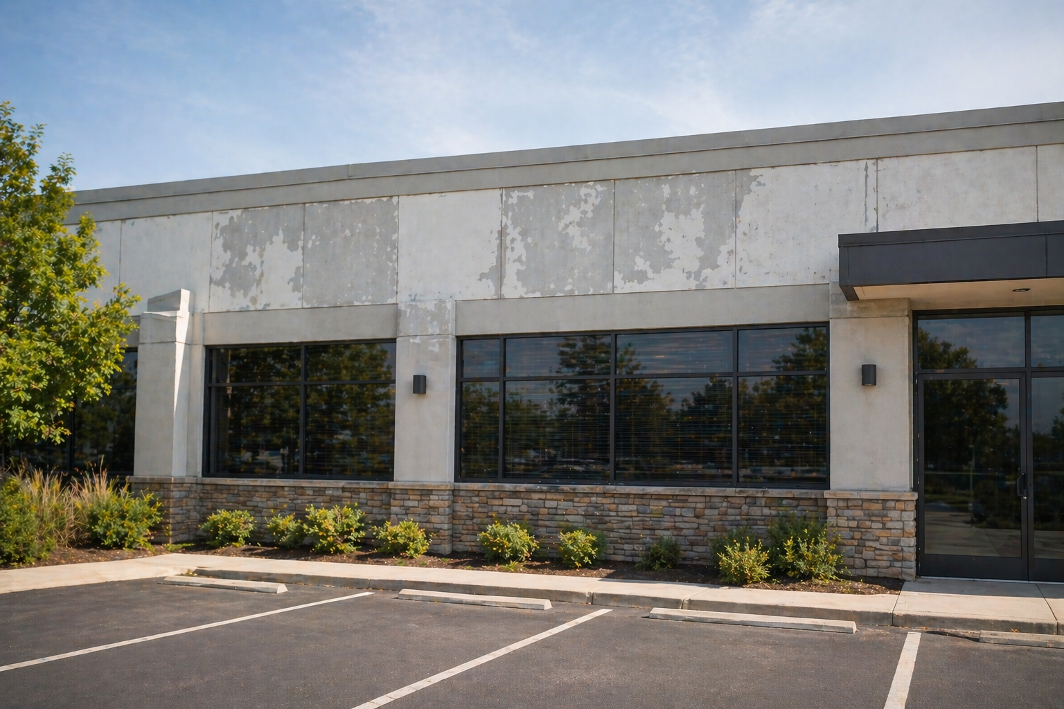 Before picture of a commercial building exterior with peeling paint and uneven façade before repainting in Denver, Colorado.