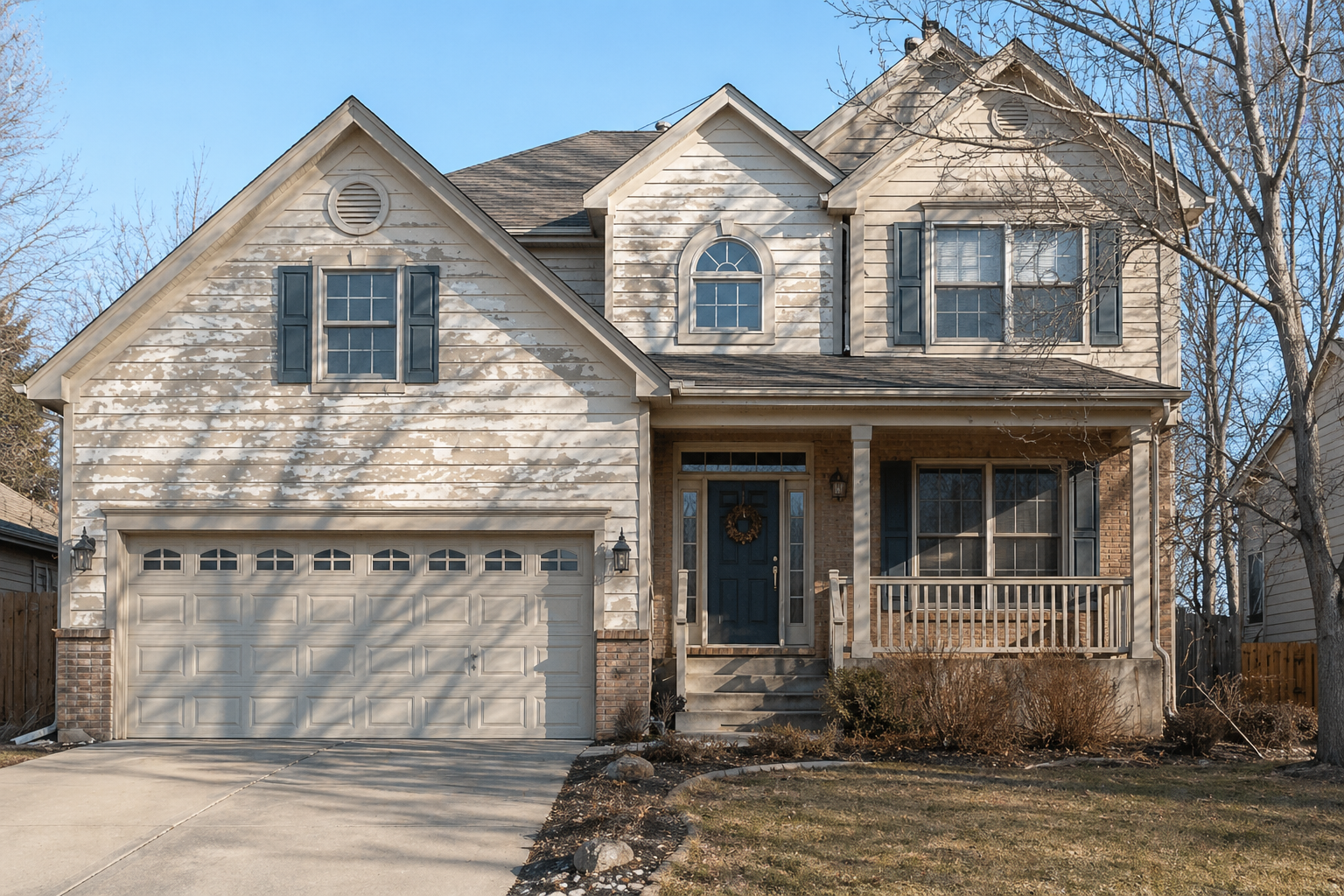 Weathered two-story home with faded beige siding and visible wear on exterior surfaces in Broomfield, Colorado