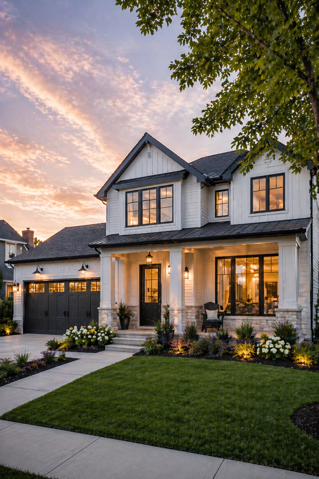 Modern two-story Colorado home with white siding, dark trim, illuminated windows, and landscaped front yard at sunset, showing finished exterior surfaces and clean residential curb appeal.