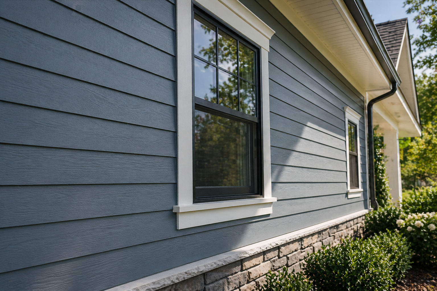 Residential siding and exterior painting project featuring modern blue-gray siding, crisp white trim, black window accents, and detailed exterior finishing. Professional siding painting and exterior repaint services for custom homes, residential upgr