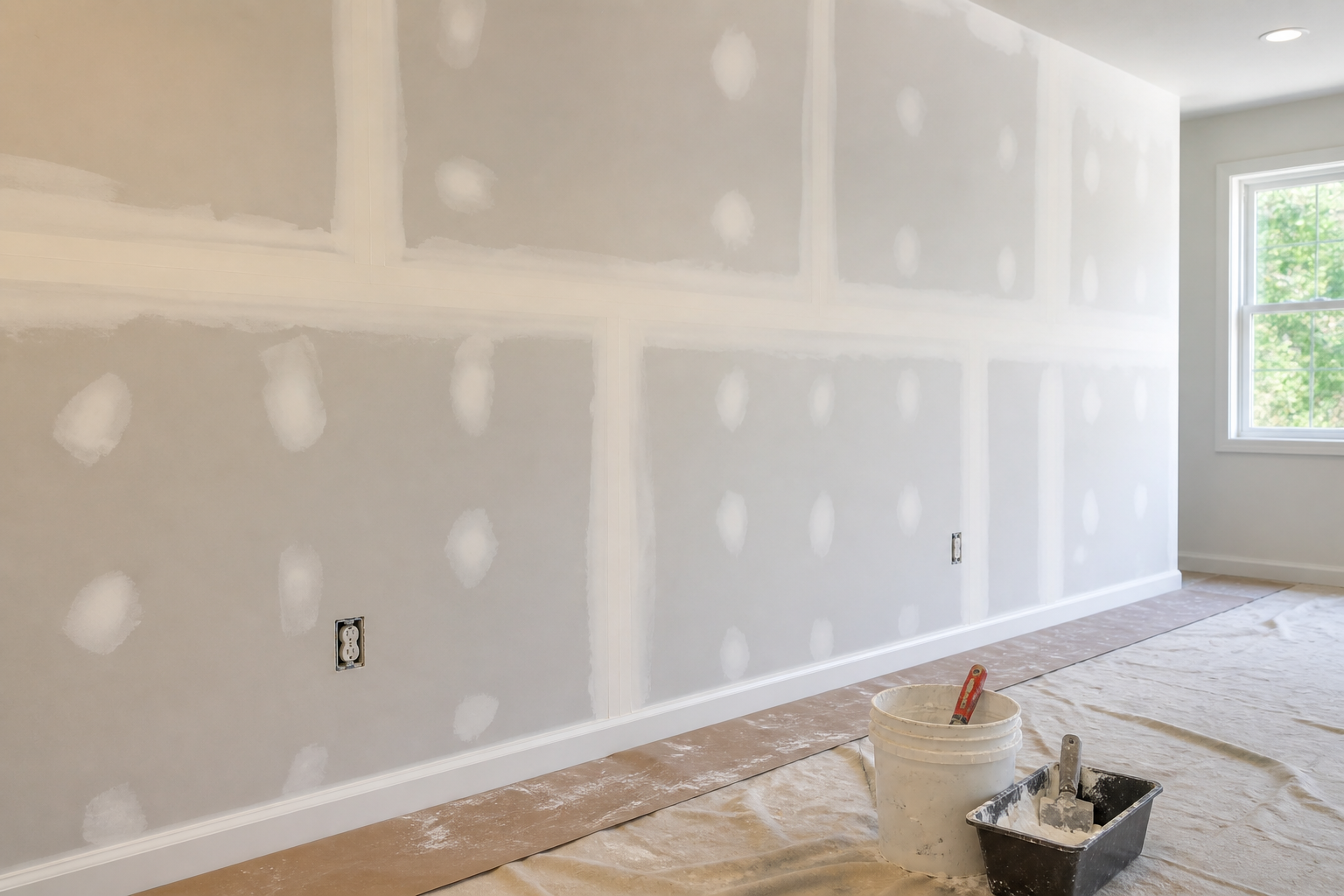Interior wall undergoing drywall repair and surface preparation before painting, showing patching and sanding for a smooth finish.