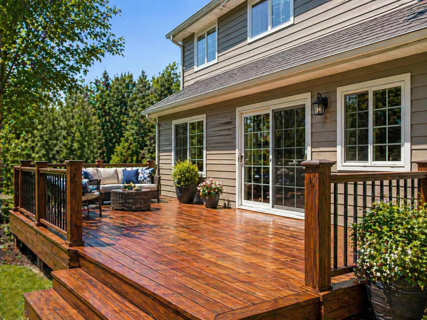 Residential deck staining and exterior finishing project featuring rich natural wood tones, custom railings, and outdoor living space restoration. Professional deck staining, exterior wood protection, and residential painting services for custom home